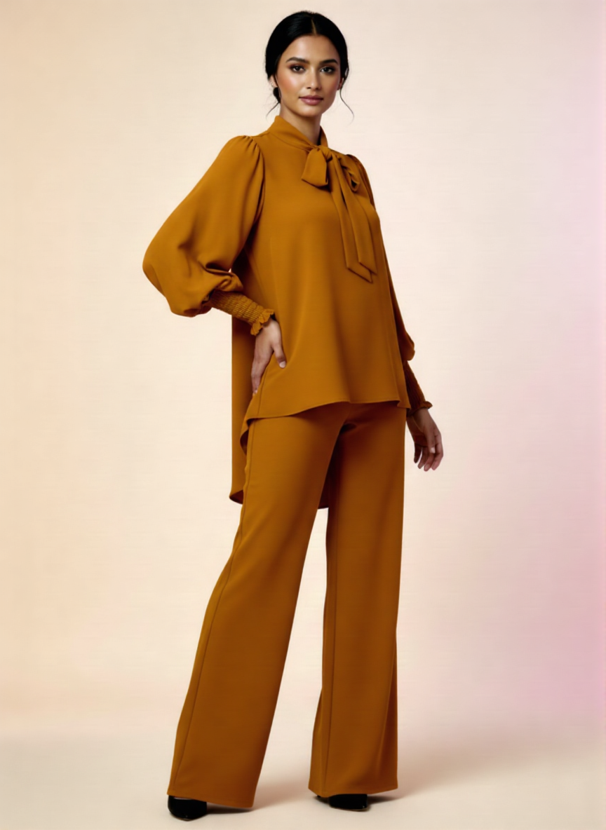 Linen Stitched 2-piece Suit for Women With Neck Belt