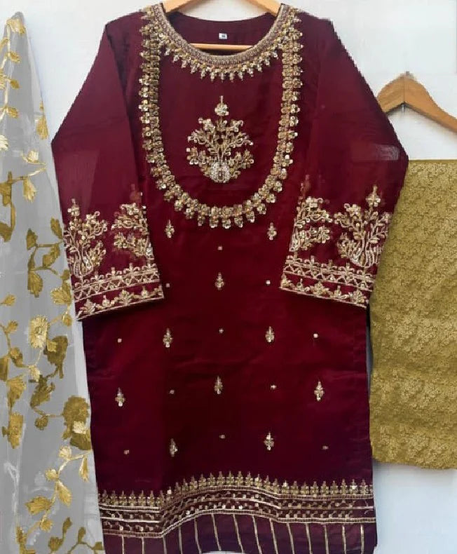 Elegant Organza Hand-Embroidered 3-Piece Stitched Suit