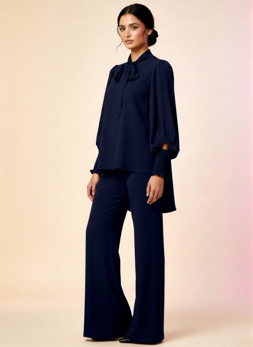 Linen Stitched 2-piece Suit for Women With Neck Belt