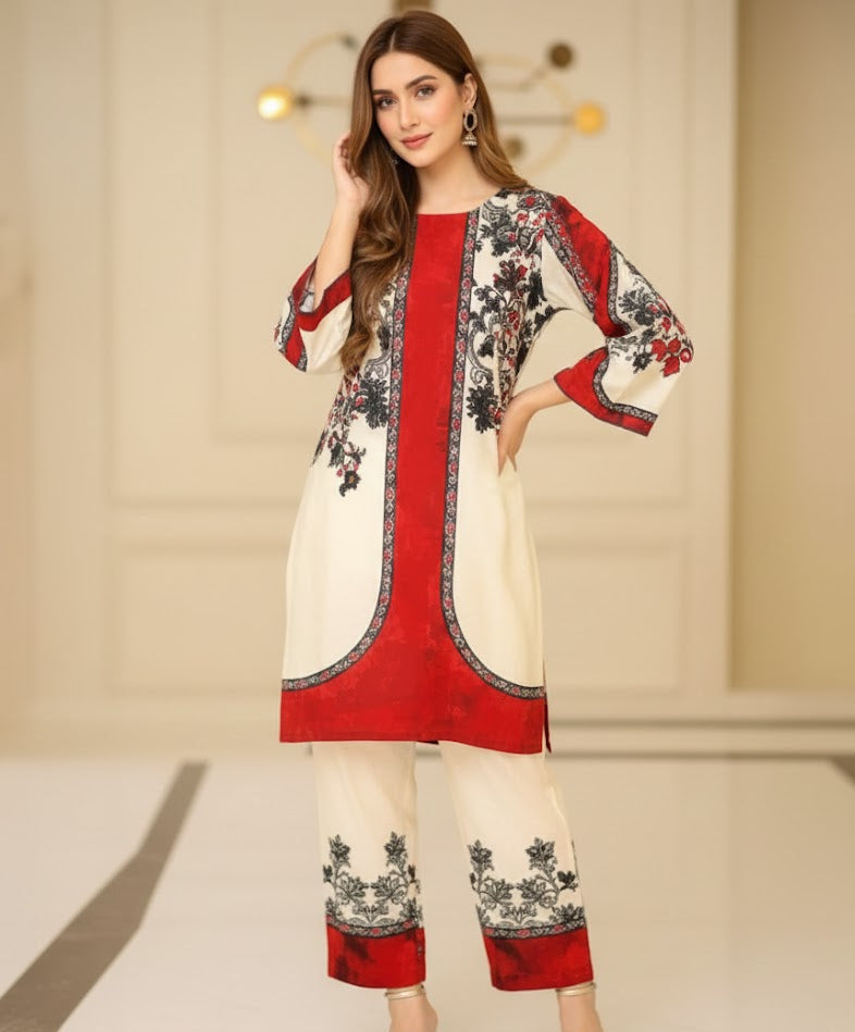 2 Pcs Women’s Stitched Swiss Lawn Printed Shirt And Trouser